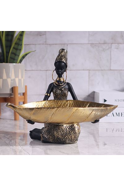 Choice BF0418 African Girl Holding a Plate Sculpture, Home and Office Decorative Storage Ornament, Vintage