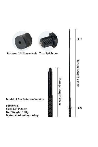Choice 114CM Invisible Selfie Stick for GoPro 13 12 11 10 9 8 Insta360 X5 X4 X3 X2 1/4" Extended Monopod Po