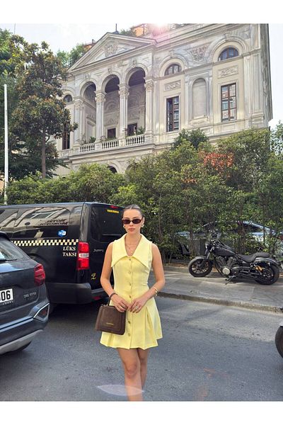 Enie Women's Yellow Pointed Collar Gold Button Dress