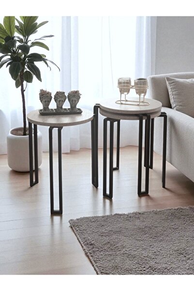 Bye Concept More DEKORATİF 3’LÜ ZİGON SEHPA METAL AYAKLI BEYAZ AHŞAP YUVARLAK MİSAFİR SERVİS SEHPASI ORTA SEHPA