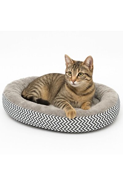 OEM Oval cat bed, soft, washable, gray with Chevron pattern, L, 45x26 cm