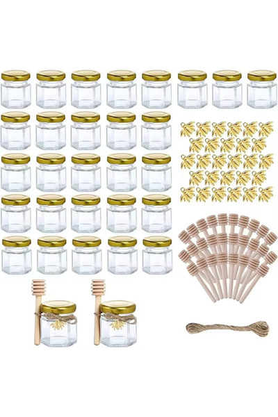 Choice 45ml-30packs 1.5/2/3 oz Hexagonal Mini Glass Honey Jar with Wooden Spoon, Bee Pendant and Jutes, Ver