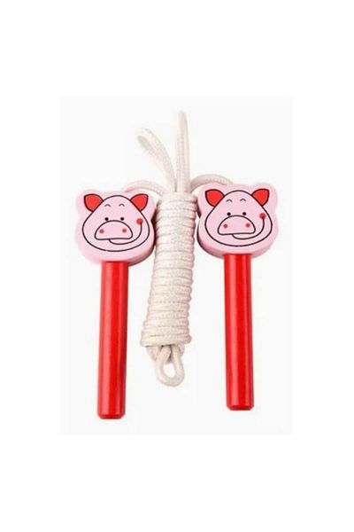 Bsr Coardă de sărit pentru copii, frânghie cu mânere din lemn, 2,4 m, model cu porc