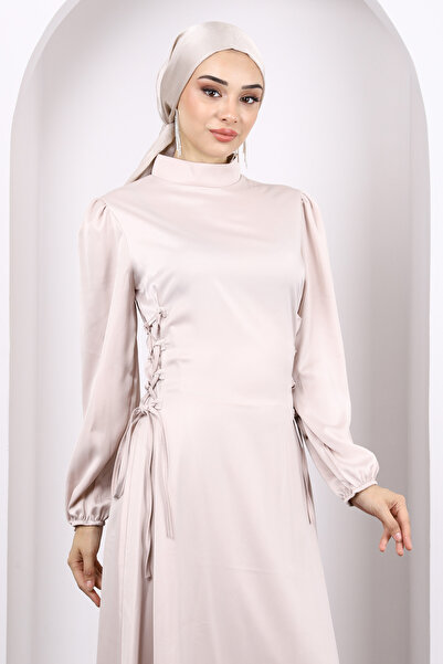 İmajButik Bej Yan Detaylı Saten Abiye