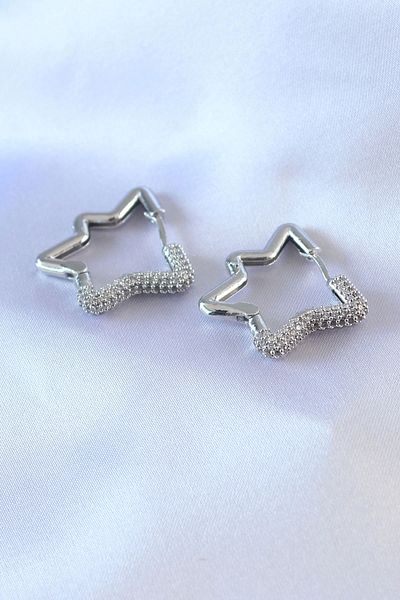 ALFA AKSESUAR 03 Silver Color Star Model Zircon Stone Brass Women's Earrings - Tj-Bkp7528