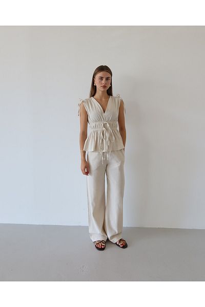 JASTE Women's Blue Shoulder Waist Gathered Blouse & Elastic Waist Pants Linen Suit