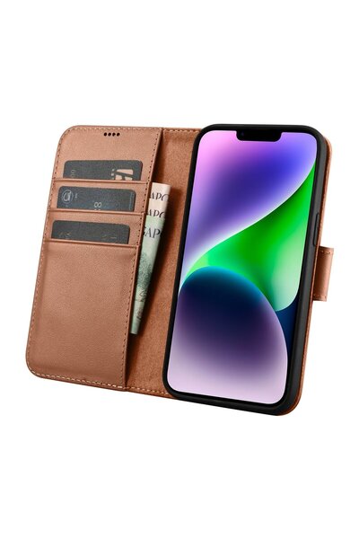 ICARER Husă portofel 2 în 1 din piele pentru iPhone 14 Plus, anti-RFID, maro