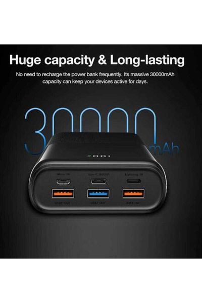 Veger 30000mAh Power Bank with 22.5W Charging Power and Large Battery Capacity with LED Display - Black