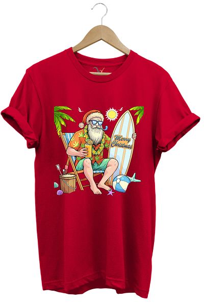 WİDİ Merry Christmas Summer Themed Beach Santa Claus Printed 100% Cotton Unisex Regular Fit T-Shirt