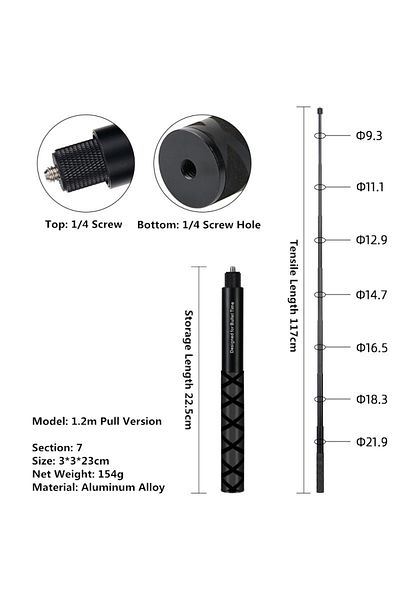 Choice 117CM Invisible Selfie Stick for GoPro 13 12 11 10 9 8 Insta360 X5 X4 X3 X2 1/4" Extended Monopod Po