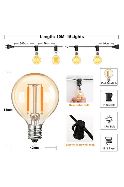 Choice EU Plug 220V 10M 15Bulbs G40 Decoration Outdoor LED String Lights 1.5W Globe Amber Glass Bulb Dimmab