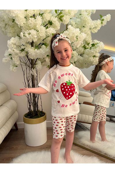 GÖKJOY BUTİK Premium Quality Strawberry Printed Hair Band Included 3-Piece Summer Tights Set