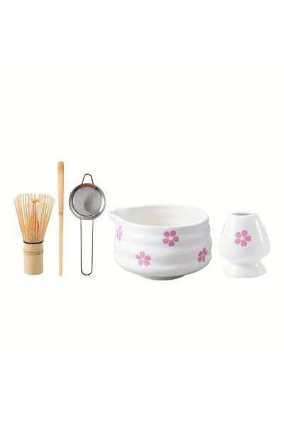 Choice Matcha Bowl 5 set 5pcs Cherry Blossom White Matcha Bowl with Matcha Whisk Set, Japanese Tea Set Incl