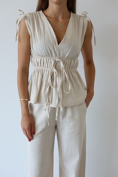 JASTE Women's Blue Shoulder Waist Gathered Blouse & Elastic Waist Pants Linen Suit