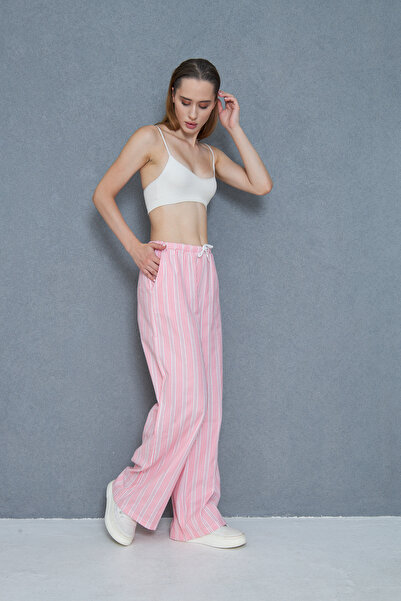 NEW LAVİVA Women's Brode Detailed Striped Poplin Trousers 700-3757