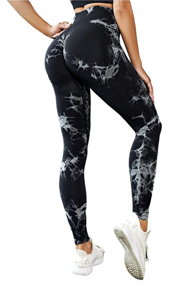 Fizion Pantaloni fitness modelatori cu elemente grafice, Dark Marble, Negru