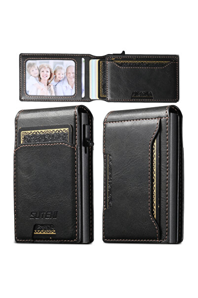 Choice محفظة SUTENI PU الجلدية السوداء للرجال مع فتحة للبطاقات وغطاء قلاب وصن...