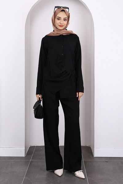 İmajButik Black Front Tie Tunic Trouser Suit