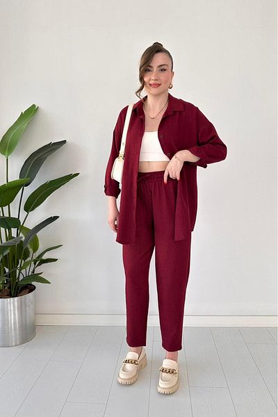 MaziButik Plain Linen Suit Burgundy