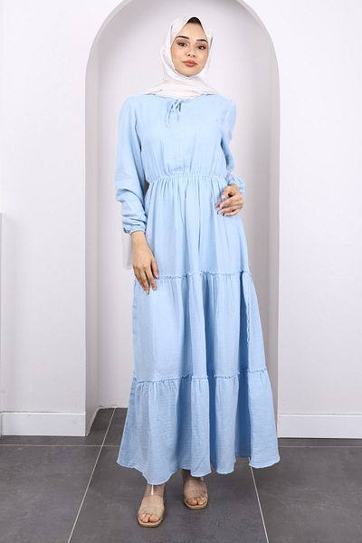 İmajButik Φόρεμα μουσελίνας με μπλε γιακά δεμένο φούστα