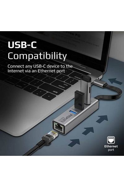 Promate "محول USB-C مع محول إيثرنت يحتوى على 3 منافذ USB 3.0 ونطاق إيثرنت بسرعة 1000 ميجابت