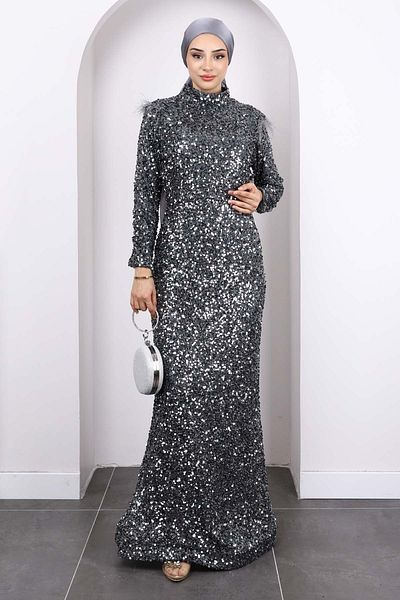 İmajButik Βραδινό φόρεμα με καπνιστή ζώνη μέσης με παγιέτες