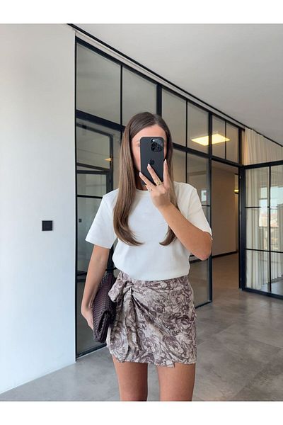 BB Bensu Buyruk Patterned Shiny Satin Beige Tie Skirt
