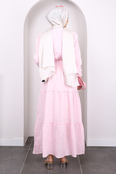 İmajButik Φόρεμα μουσελίνας με πούλιες με ροζ γιακά με δέσιμο