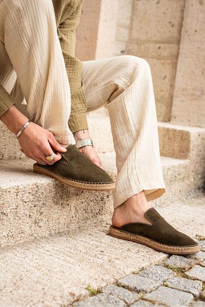 Lovittoman Men's Genuine Leather Rubber Sole Khaki Espadrille Slippers
