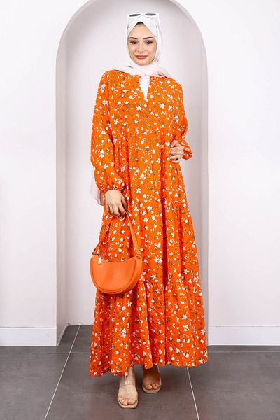 İmajButik Πορτοκαλί φόρεμα με μισό κουμπί με φούστα