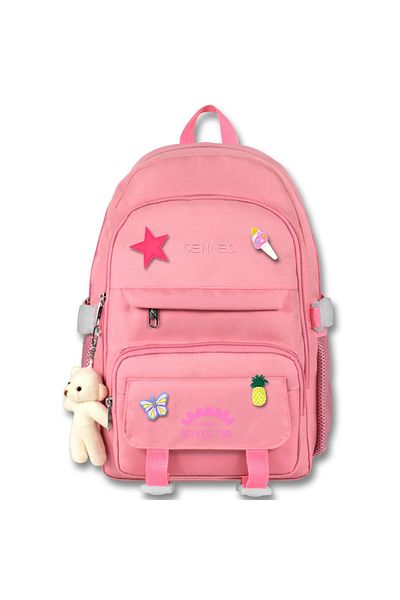 ÜMİT ÇANTA Cennec Korean Style School Backpack with Accessories and Teddy Bear Keychain Gift Pink