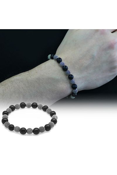 Tesbihane Gray Turtle Eye Metal Combination Globe Cut Natural Stone Bracelet
