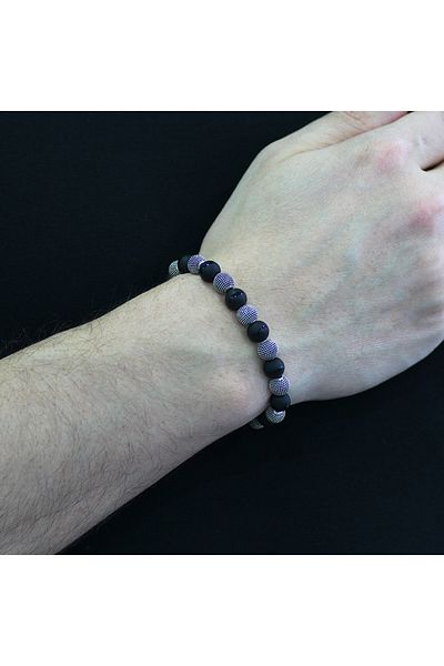 Tesbihane Onyx Metal Combination Sphere Cut Natural Stone Bracelet with Stripes in the Middle