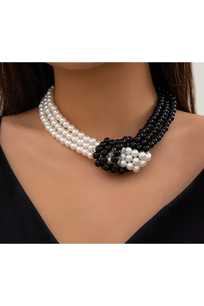 Chic Charms Siyah Beyaz 8 mm İnci Boncuk Tasarım Önü Bağlama Kolye