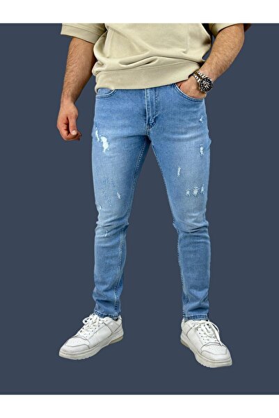 BUZ MAVİSİ YIRTIKLI SLİM ERKEK JEANS