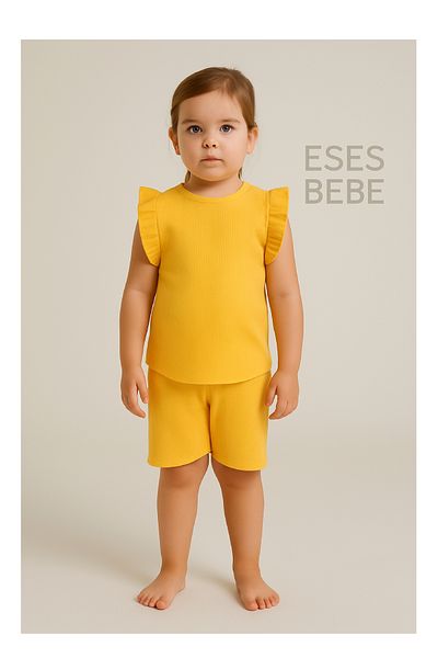 ESES BEBE Baby-Child Ribbed Ruffle T-Shirt Set Bottom-Top Summer Shorts Set