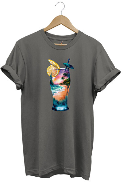 WİDİ Καλοκαιρινό και κοκτέιλ μπλουζάκι με στάμπα από 100% βαμβάκι Unisex Regu...