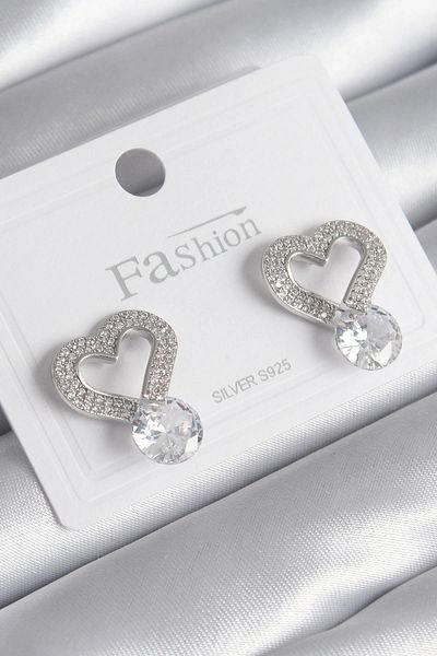 ALFA AKSESUAR 03 Brass Silver Color Zircon Stone Heart Model Drop Zircon Stone Detail Women's Earrings - TJ-BKP8534