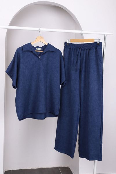 İmajButik Navy Blue Off Shoulder Shirt and Trousers Linen Suit