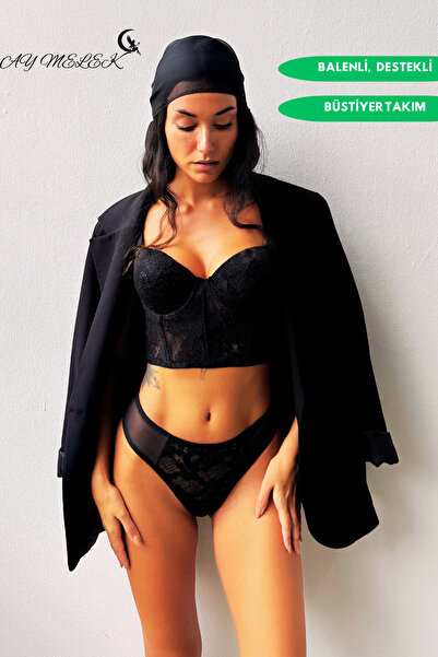 AYMELEK Destekli Simli Bustiyer Takım B Kap Balenli Transparan Tasarım