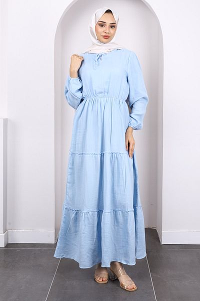 İmajButik Φόρεμα μουσελίνας με μπλε γιακά δεμένο φούστα