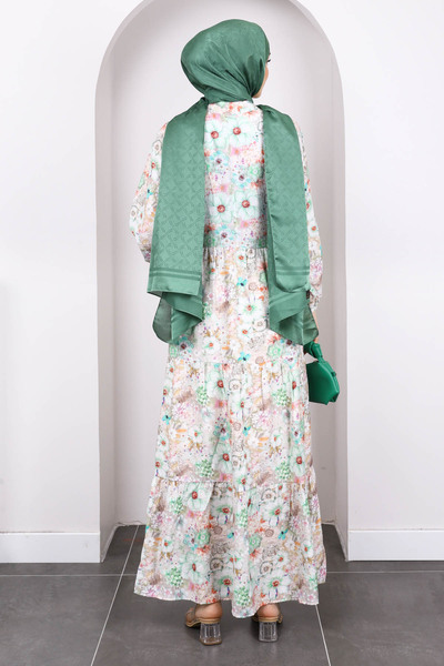 İmajButik Φόρεμα με πράσινη φούστα με μισό κουμπί με λουλουδάτο σχέδιο