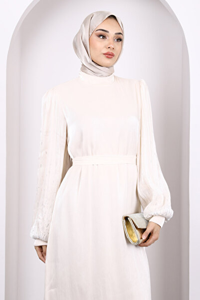 İmajButik Βραδινό φόρεμα μπεζ με μπαλόνι με πέτρα