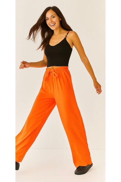 SheLoria Women's Orange Belted Elastic Waist Relaxed Fit Palazzo Viscose Trou...