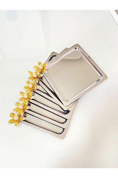 NEWTREND Züccaciye Luxury Lily Floral Stainless Steel Square 6-Piece Silver Coffee, Tea, Decorative Presentation Serving Tray