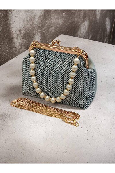 Butik İnci askı detaylı uzun zincir askılı hasır modern bebe mavisi çanta