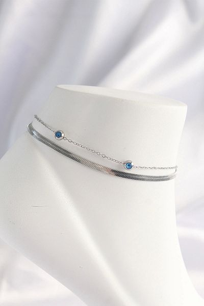 ALFA AKSESUAR 03 316L Steel Silver Color Evil Eye Bead Designed 2-Piece Anklet - Tj-Hh1608