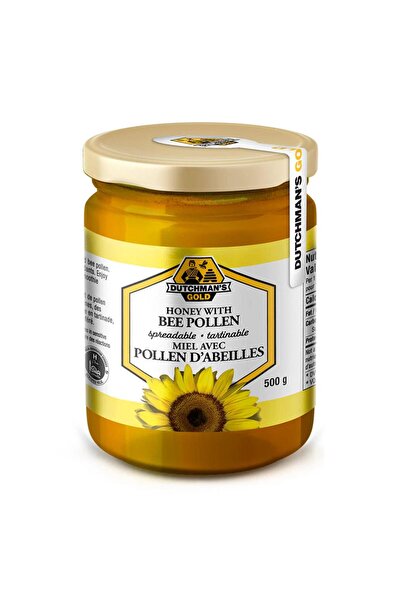 Dutchman's Gold عسل دوار الشمس وحبوب لقاح النحل 500 غرام - نقي 100%، طبيعي، غني بحبوب اللقاح، مثالي للشاي ودعم المناعة