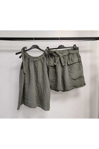 della moor Women's Khaki Italian Zero Sleeve Shorts Linen Suit