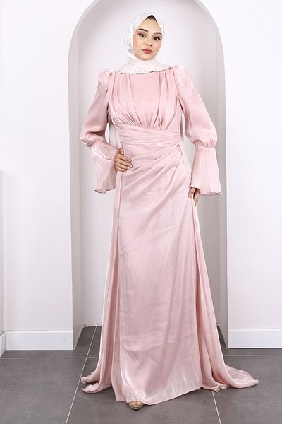 İmajButik Βραδινό φόρεμα με μανίκια σε πούδρα
